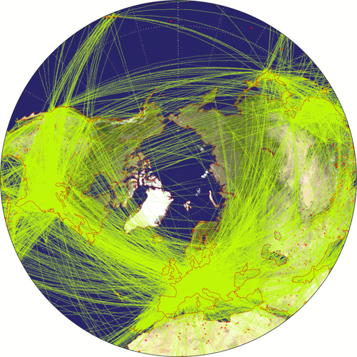 Flugverkehr-Weltkarte, dargestellt in der mittabstandstreuen Azimutalprojektion.