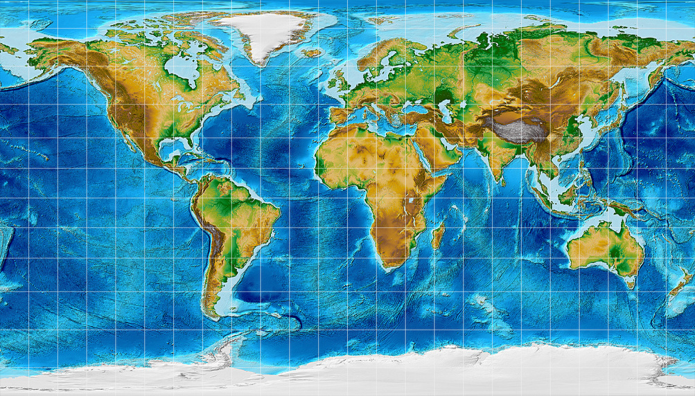 Topographische Weltkarte, dargestellt im Patterson-Zylinderentwurf.