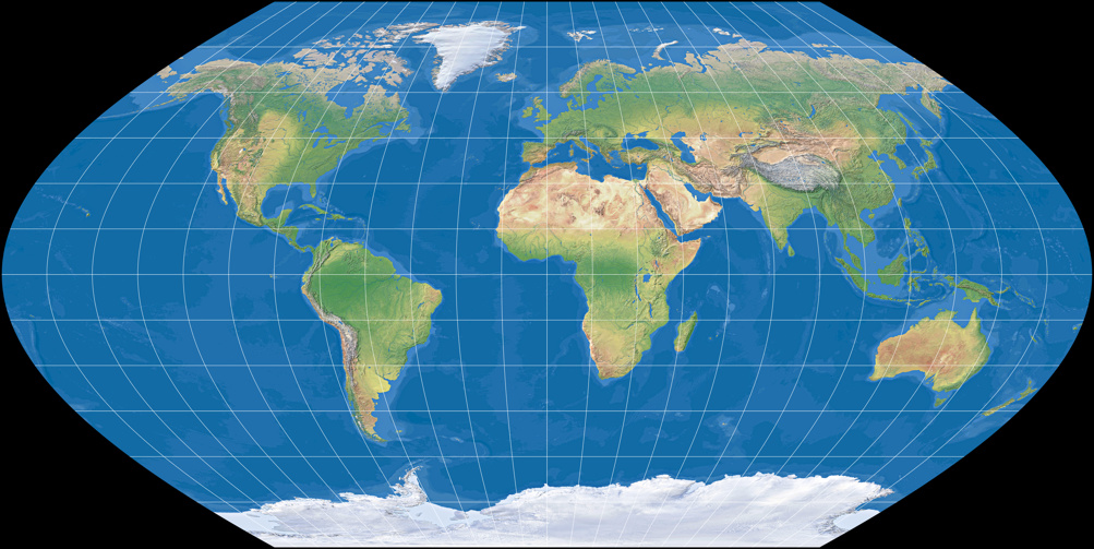 Weltkarte, Projektion: Wagner III (mit farbiger Meerestiefen-Darstellung)