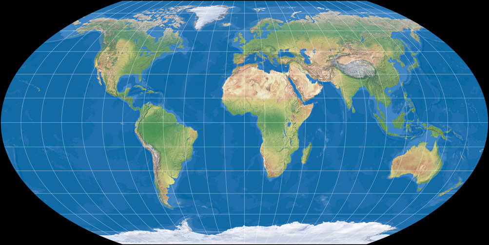 Weltkarte, Projektion: Wagner V (mit farbiger Meerestiefen-Darstellung)