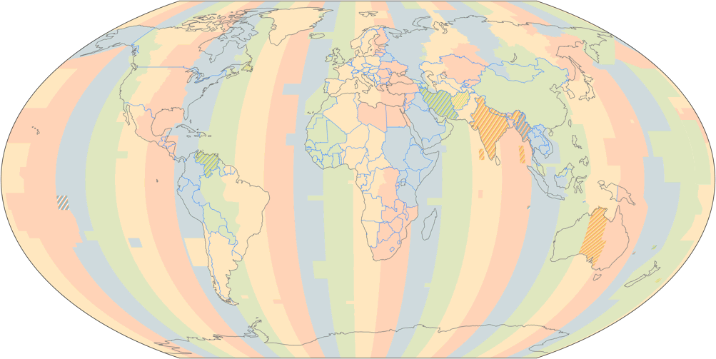 Weltkarte der Zeitzonen (Stand: Oktober 2015), dargestellt im Wagner V Netzentwurf