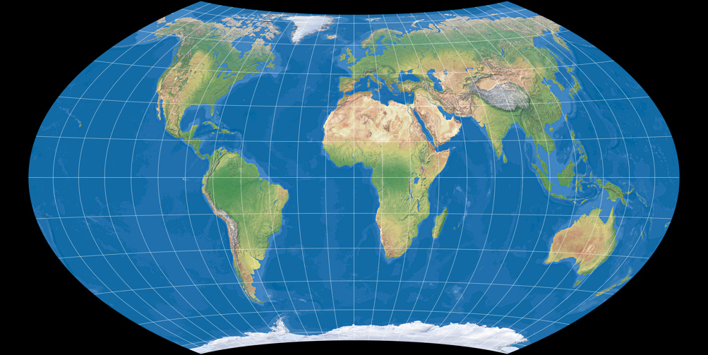 Weltkarte, Projektion: Wagner VII (mit farbiger Meerestiefen-Darstellung)