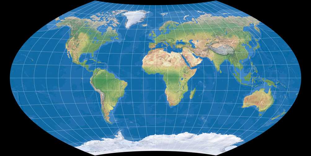 Weltkarte, Projektion: Wagner IX (mit farbiger Meerestiefen-Darstellung)
