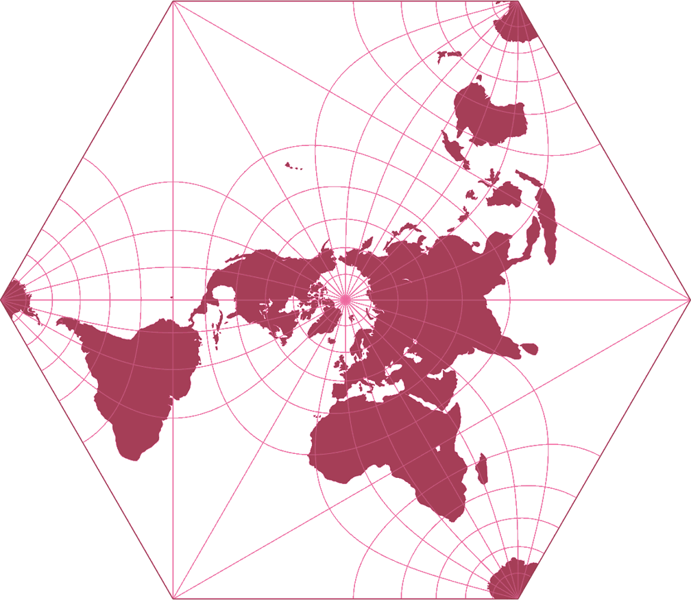 Adams konforme Erde in einem Hexagon Umrisskarte