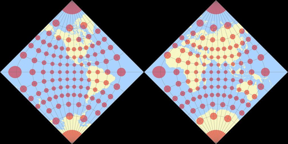 Adams Hemisphären in einem Quadrat Tissotsche Indikatrix