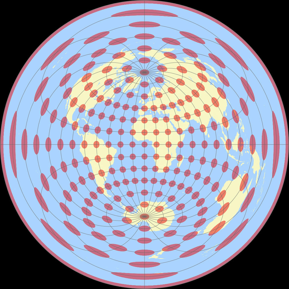 Mittabstandstreue Azimutalprojektion (äquatorständig) Tissotsche Indikatrix