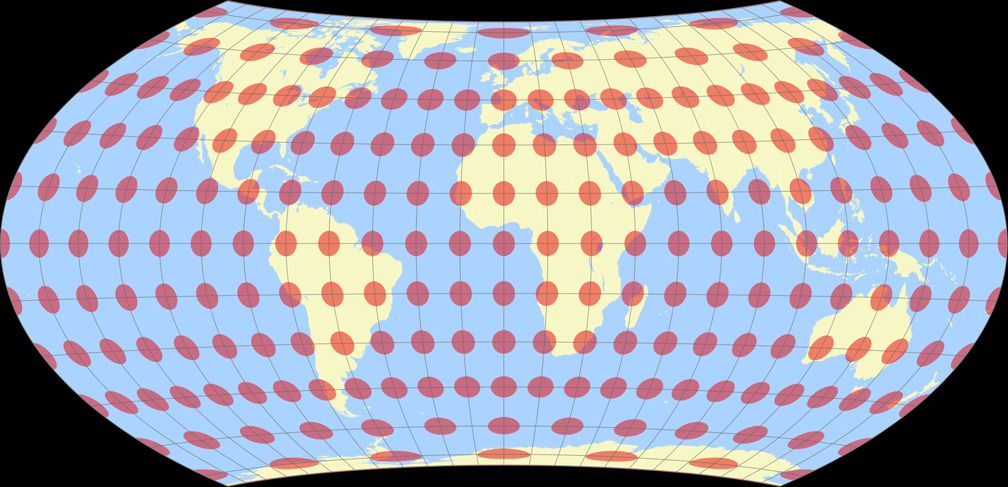 Entfernungsbezogene Weltkarte (Approximation) Tissotsche Indikatrix