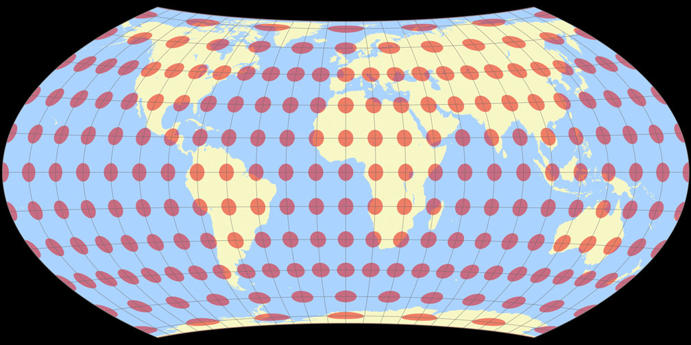 Entfernungsbezogene Weltkarte (Approximation) Tissotsche Indikatrix