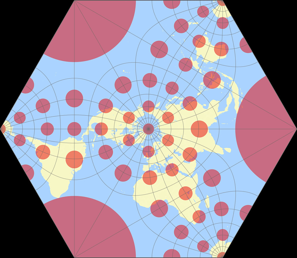 Adams konforme Erde in einem Hexagon Tissotsche Indikatrix