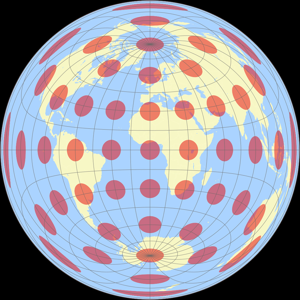 Flächentreue Azimutalprojektion (äquatorständig) Tissotsche Indikatrix