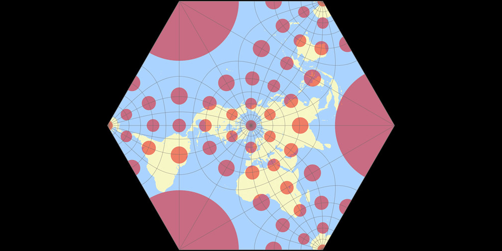 Adams konforme Erde in einem Hexagon Tissotsche Indikatrix