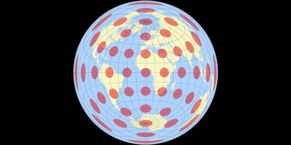 Flächentreue Azimutalprojektion (äquatorständig) Tissotsche Indikatrix