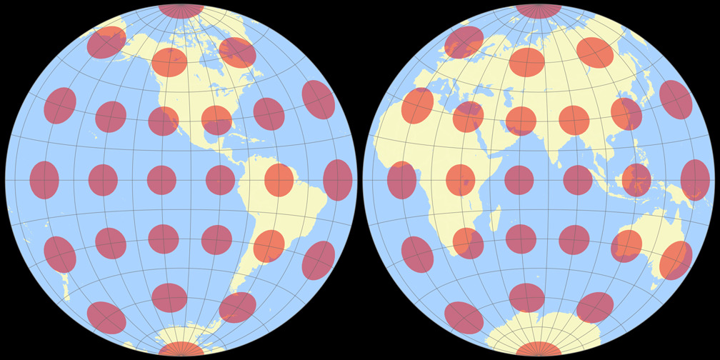 Mittabstandstreue Azimutalprojektion (Hemisphären) Tissotsche Indikatrix