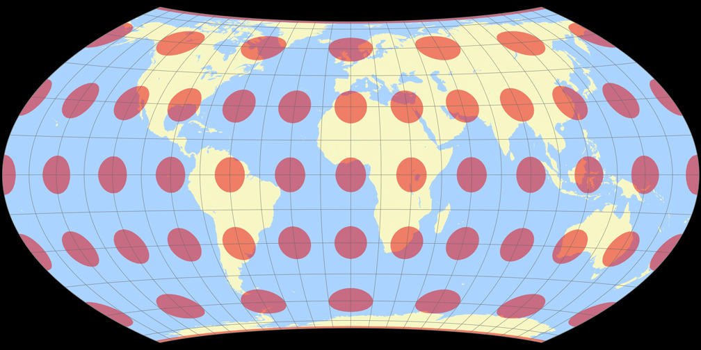Entfernungsbezogene Weltkarte (Approximation) Tissotsche Indikatrix